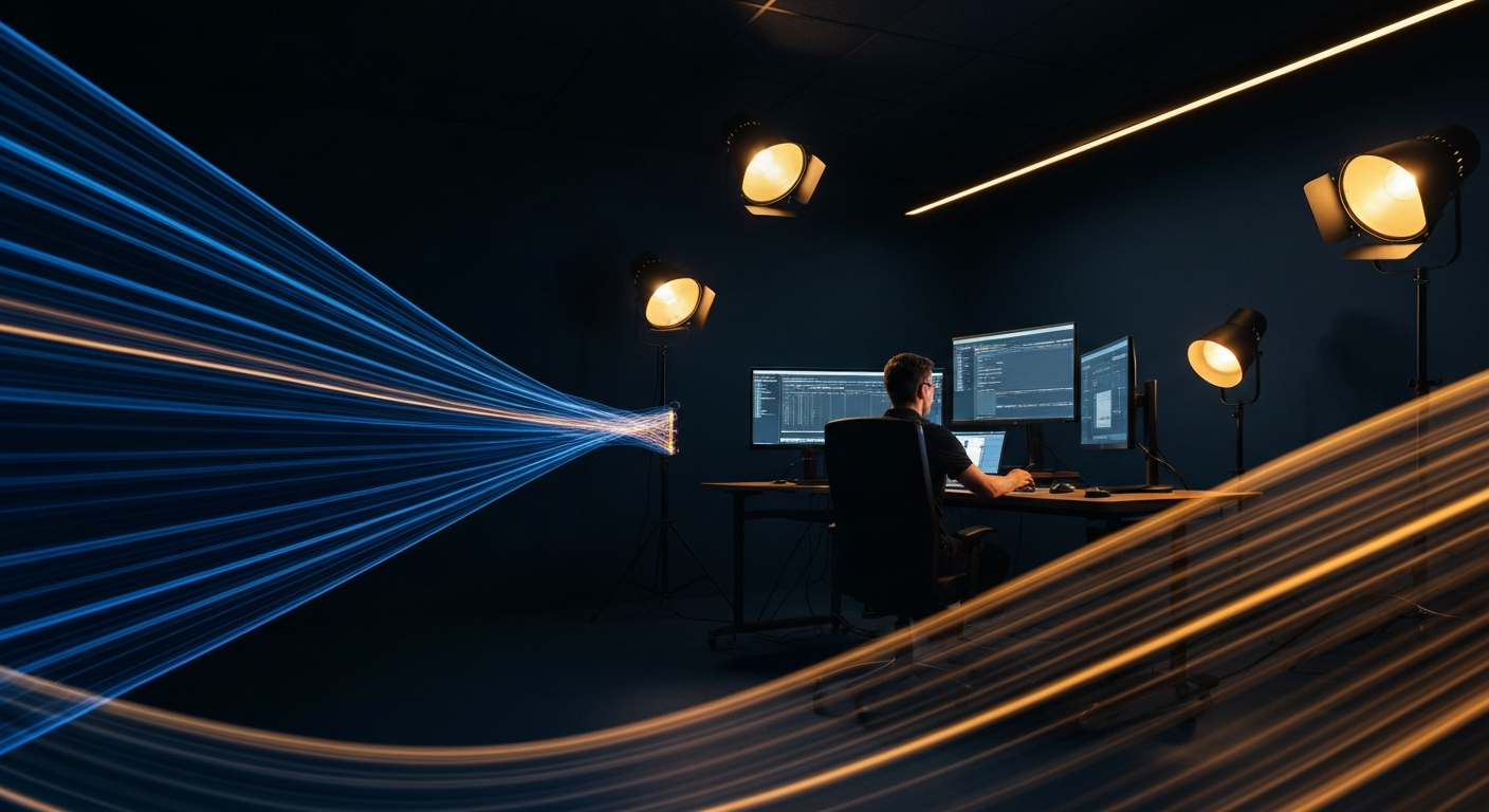 Content production studio with monitors and cameras representing media infrastructure