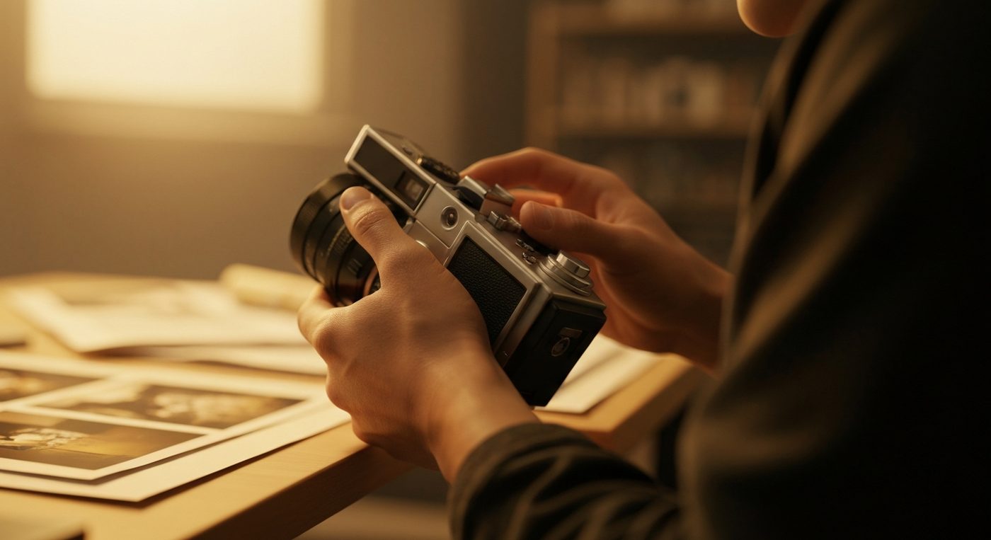 Hands holding vintage film camera in warm studio light